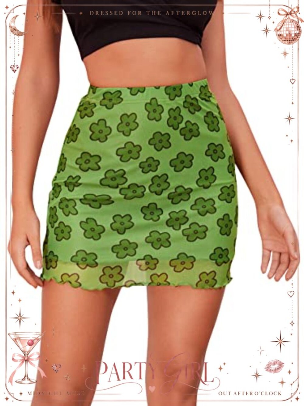 High Waist Floral Pencil Short Skirt See Through Mesh Lettuce Trim